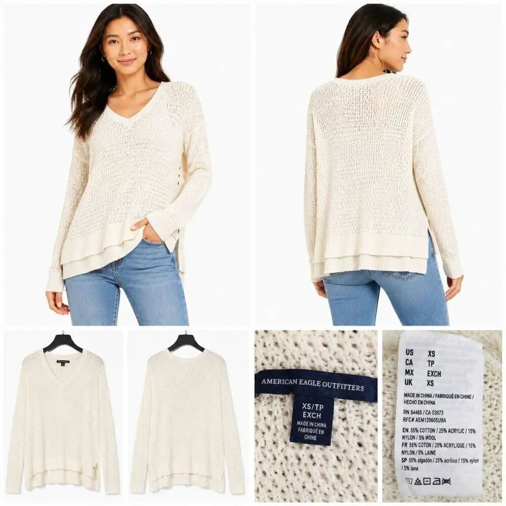 American Eagle XS Cream Open Knit V-Neck Sweater